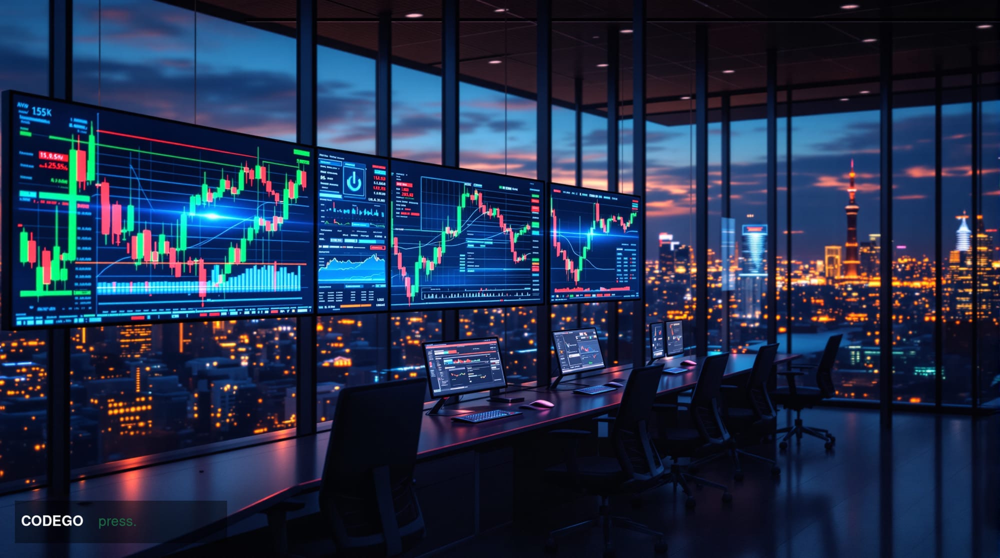 A photorealistic editorial photograph showing a modern trading floor or cryptocurrency exchange office during year-end tradin