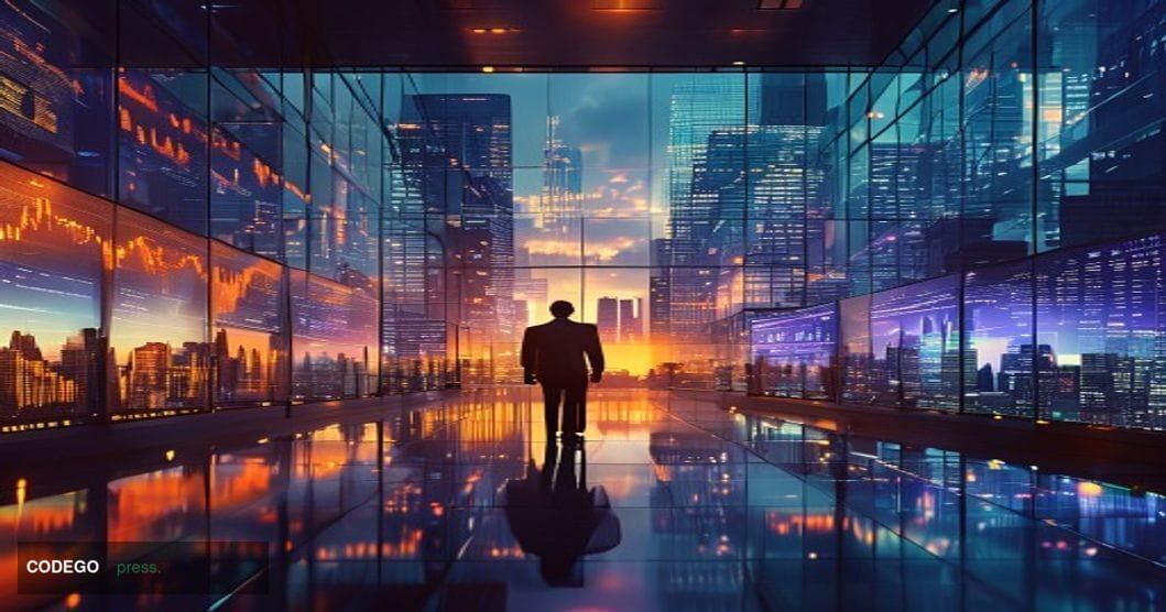A dramatic photorealistic editorial photograph showcasing the convergence of traditional finance and blockchain technology. T