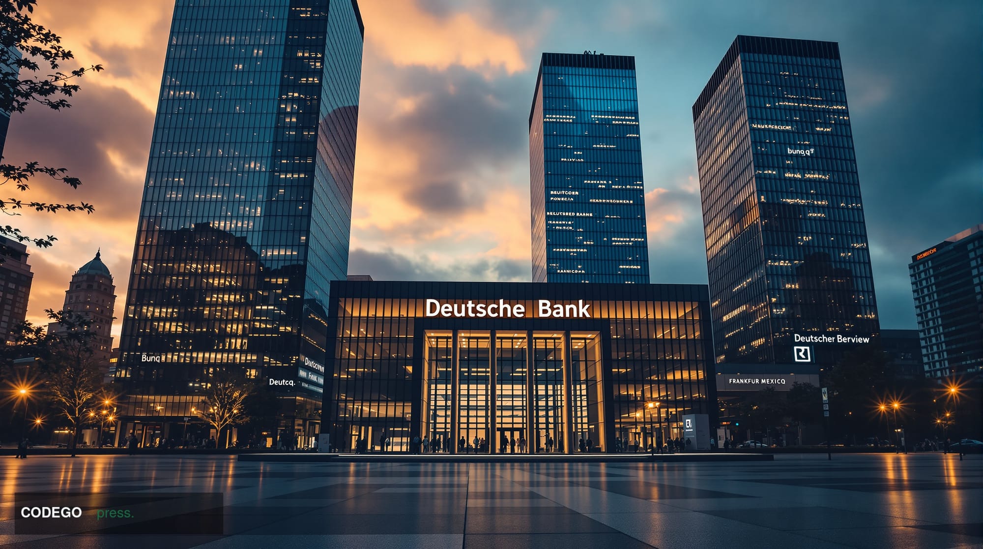 A cinematic editorial photograph showcasing the convergence of traditional and digital banking, featuring the imposing glass 