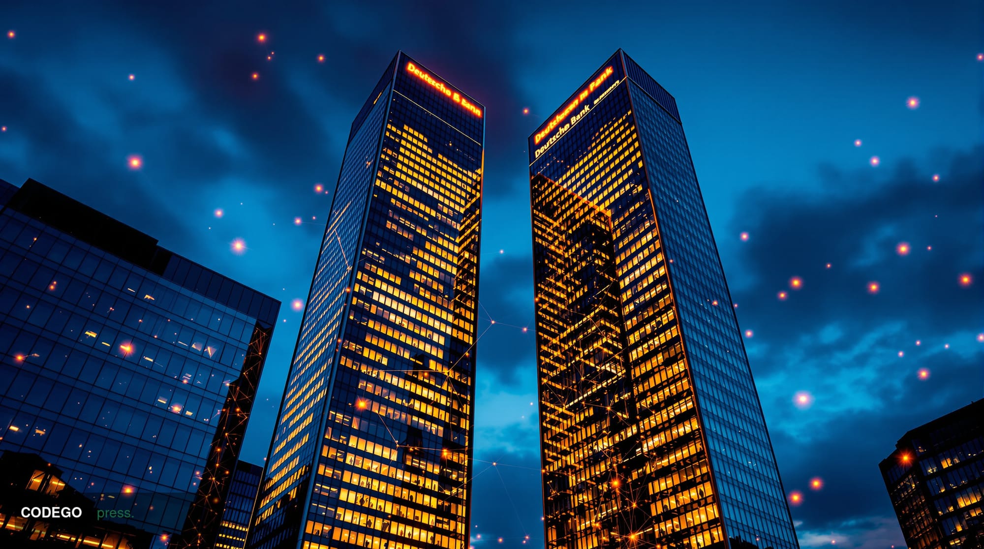 A dramatic editorial photograph showing Deutsche Bank's iconic twin towers headquarters in Frankfurt, Germany at golden hour,
