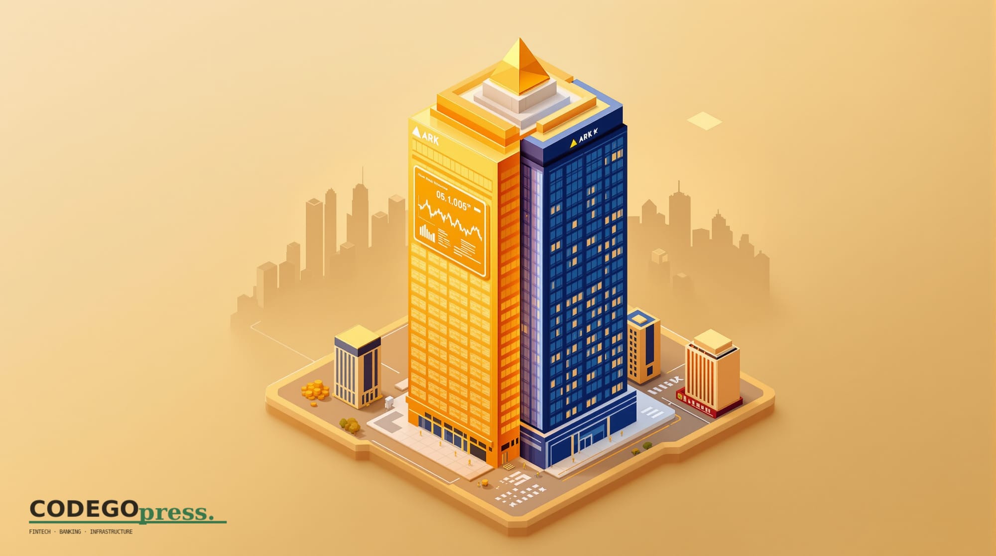 Large golden cryptocurrency exchange node or routing block in centre, split vertically—left side gold (DEX protocol architect