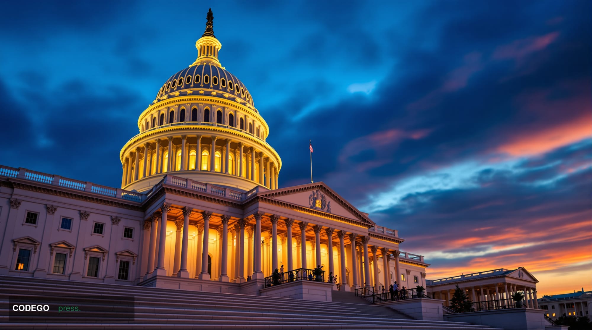 A photorealistic editorial photograph of the United States Capitol building at dawn, shot from the Senate side with dramatic 