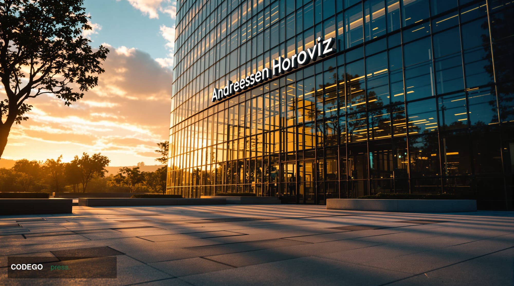 A cinematic editorial photograph of the Andreessen Horowitz headquarters building in Menlo Park, California, captured during 