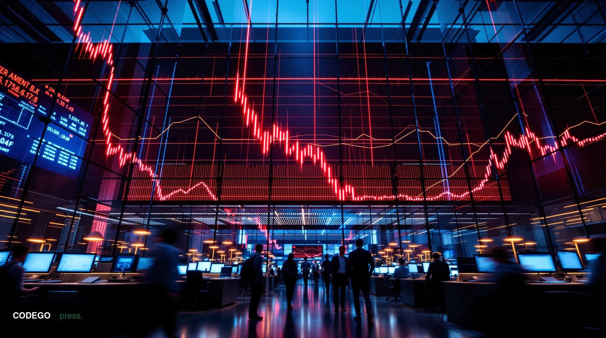 A dramatic cinematic photograph of a modern financial trading floor during active market hours, with multiple large LED scree