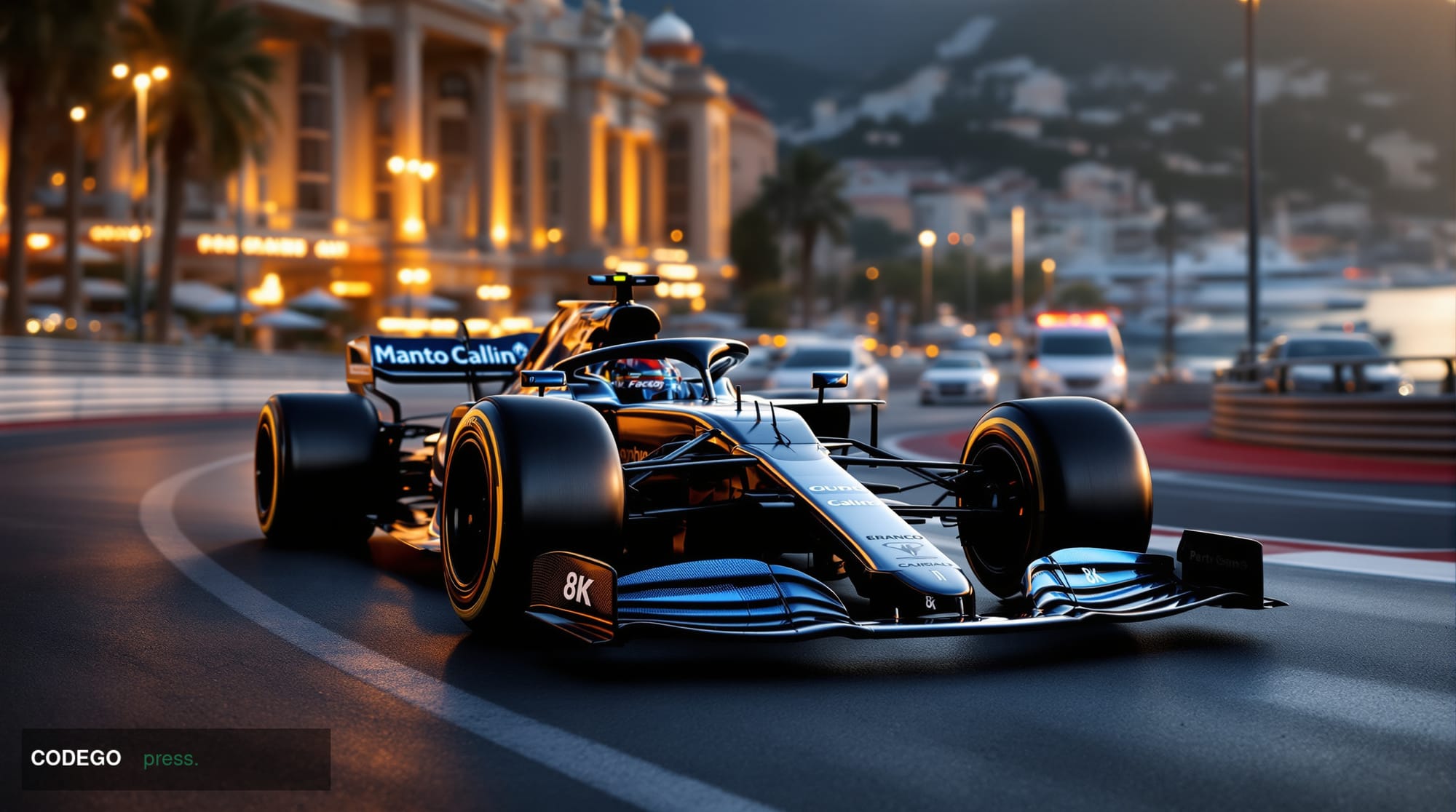 A photorealistic editorial photograph capturing the convergence of Formula One racing and digital banking. The scene shows a 