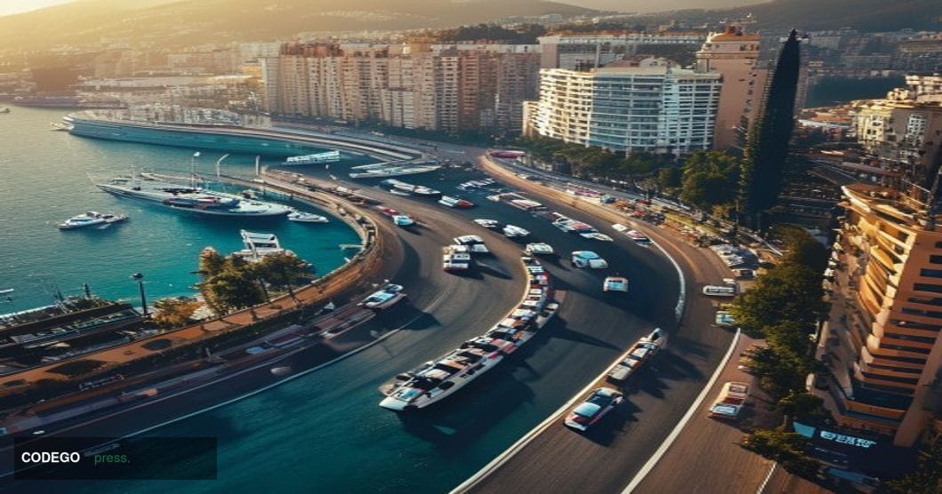 A cinematic aerial shot of the Monaco Grand Prix circuit during race weekend, showcasing the iconic harbor turn with luxury y