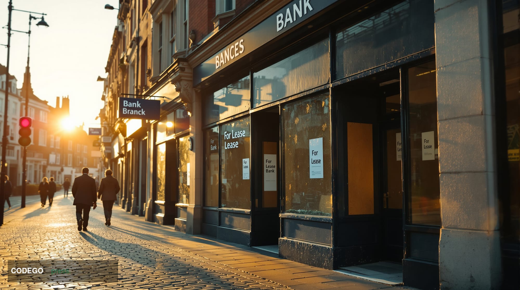 A cinematic editorial photograph showing a row of abandoned bank branch storefronts on a traditional British high street, sho