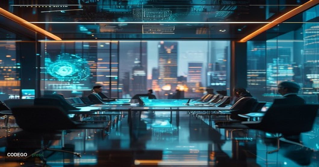 A sophisticated modern fintech office environment with two distinct corporate zones merging into one collaborative space, rep