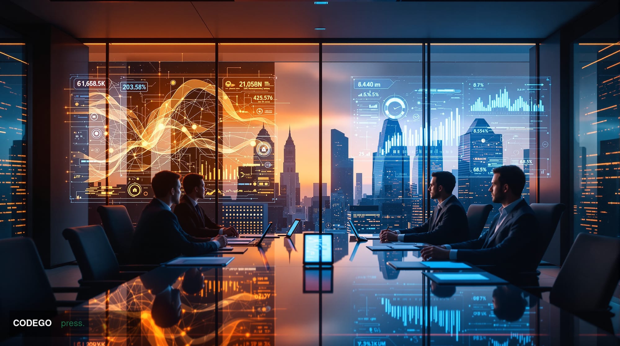 A photorealistic 8K editorial photograph showing a modern fintech office environment with two distinct corporate areas repres