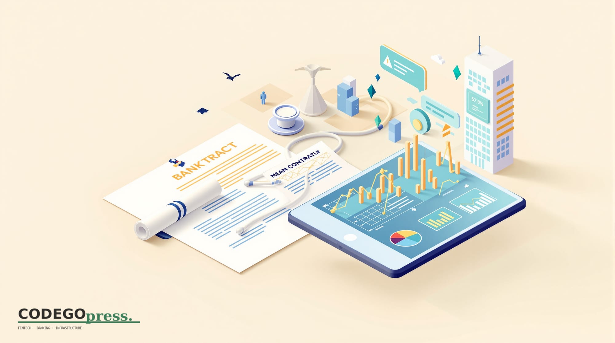 Flat 3D isometric vector editorial illustration, banking-green primary (#1A6B43), cream background, gold and navy accents, so
