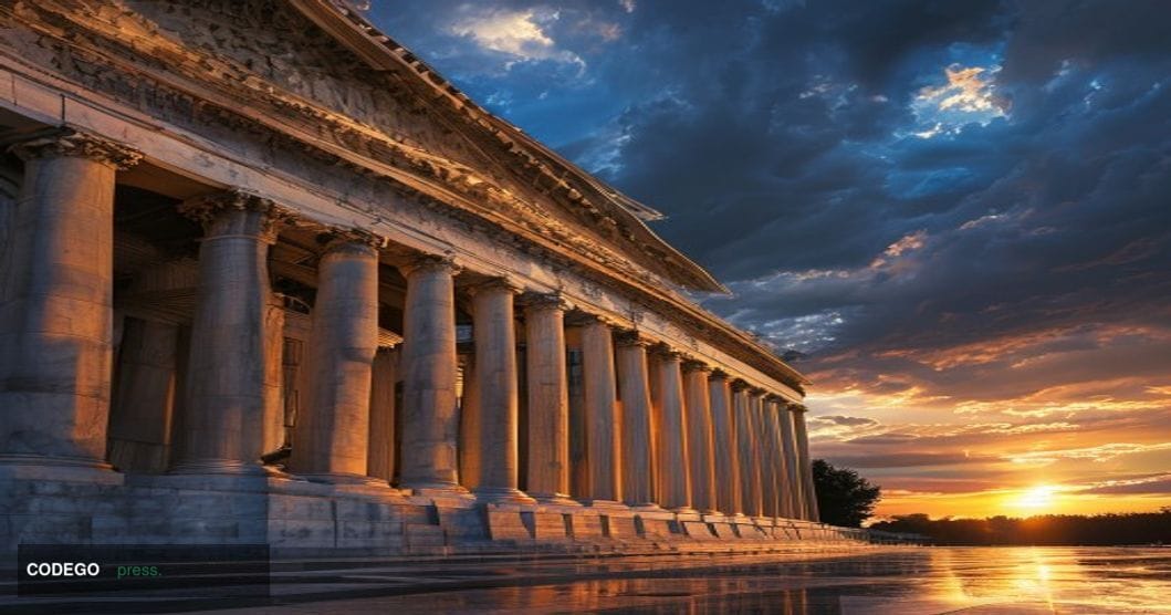 A dramatic photorealistic editorial photograph of the Federal Reserve building in Washington DC during golden hour, with warm
