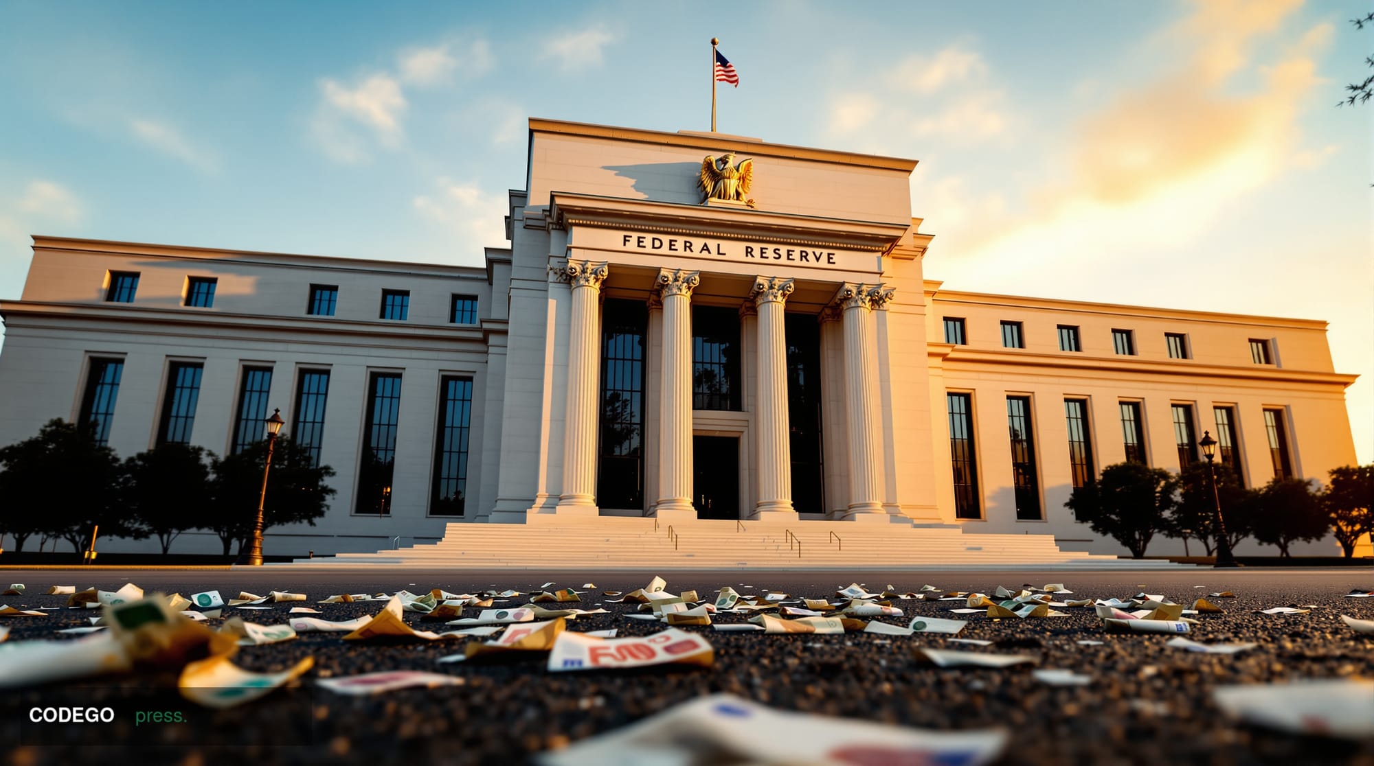 A cinematic editorial photograph showing the imposing facade of the Federal Reserve building in Washington D.C., shot from a 