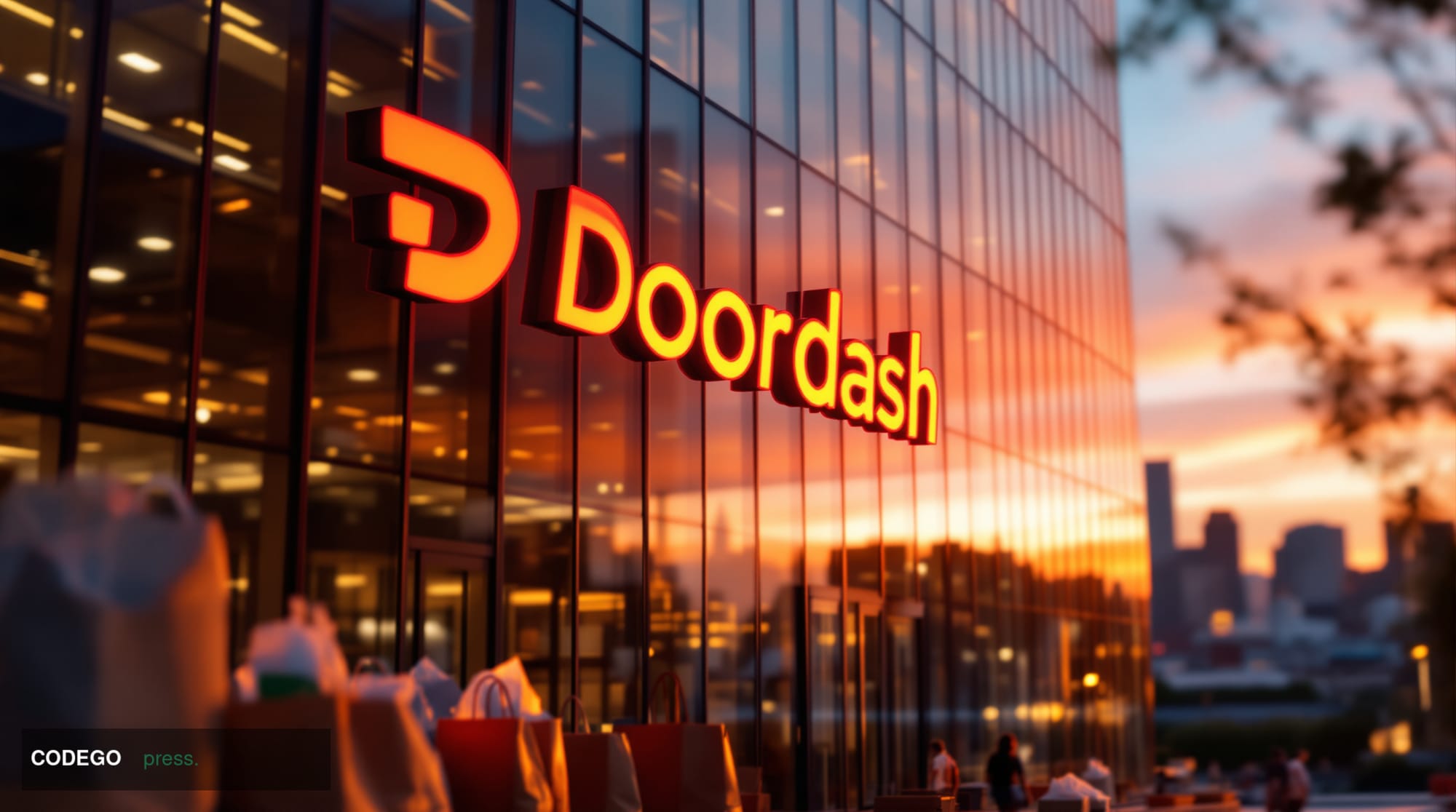 A cinematic editorial photograph showcasing DoorDash's San Francisco headquarters building with the distinctive red DoorDash 