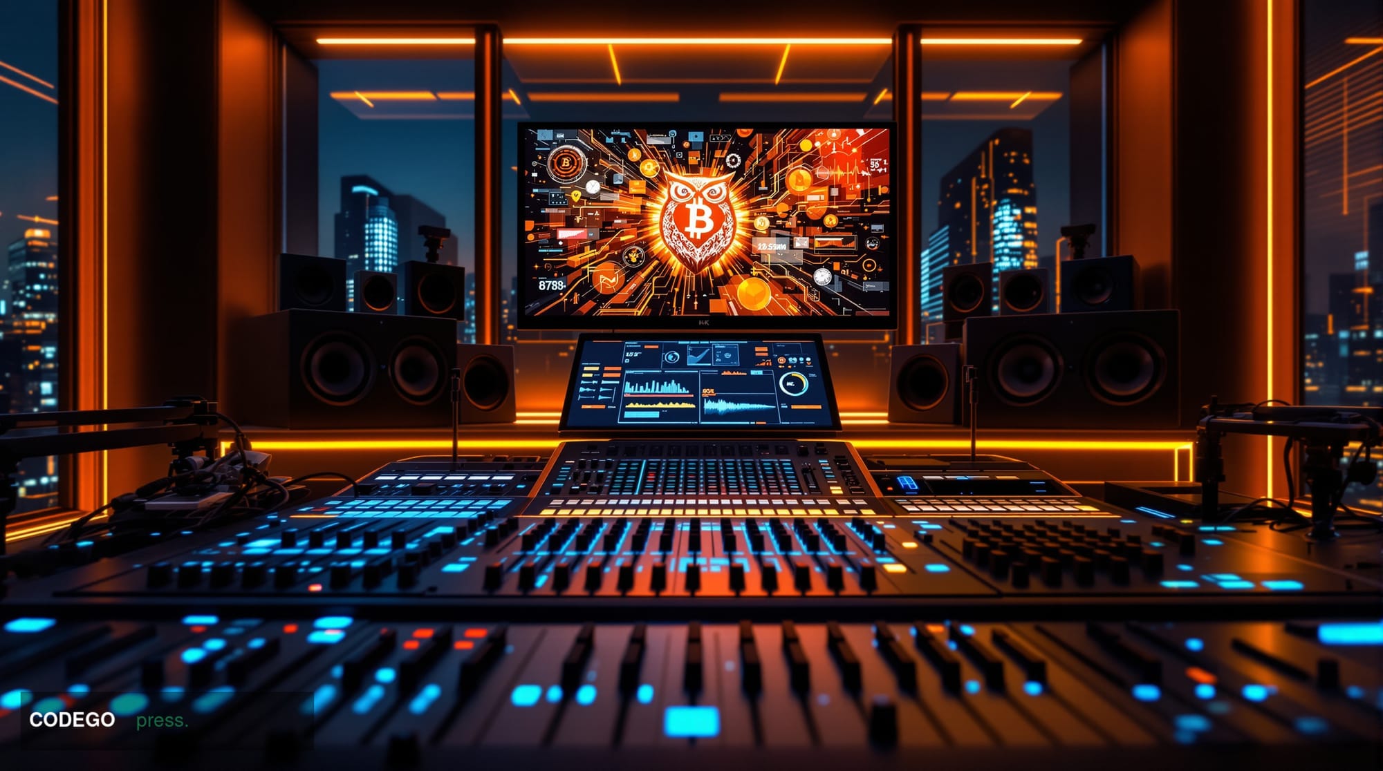 A cinematic editorial photograph capturing the intersection of hip-hop culture and cryptocurrency, featuring a luxurious reco