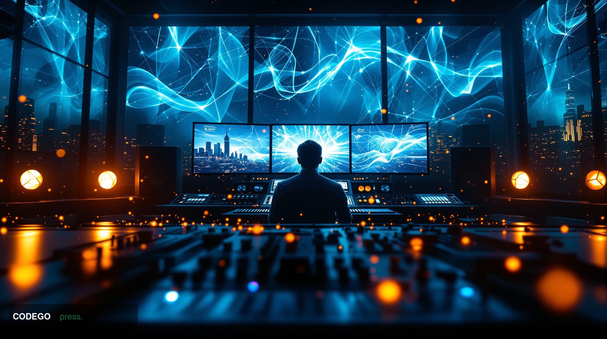 A cinematic editorial photograph capturing Drake's Toronto recording studio with dramatic chiaroscuro lighting, showing a fig