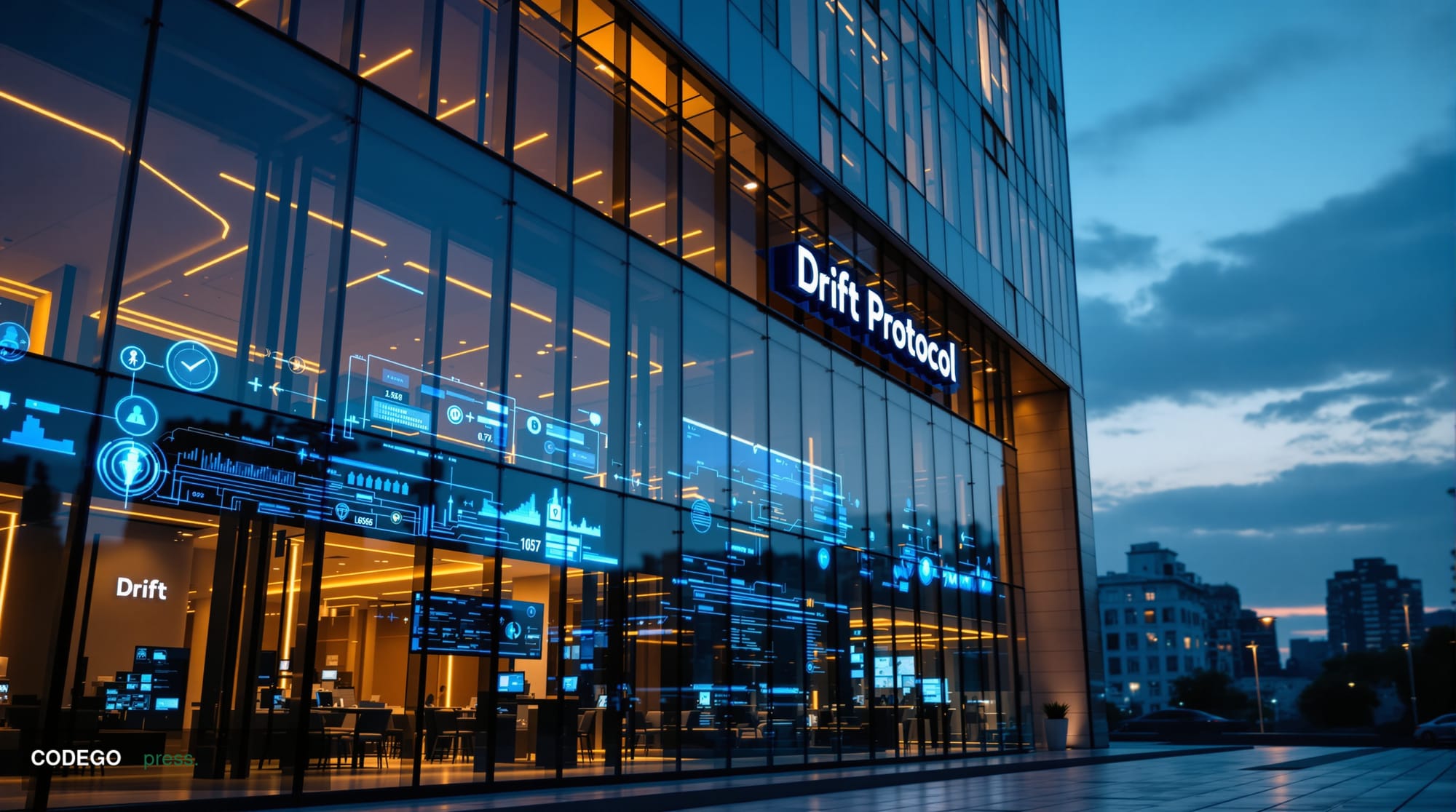 <A cinematic editorial photograph showing the modern glass facade of a cryptocurrency exchange office building at dusk, with 