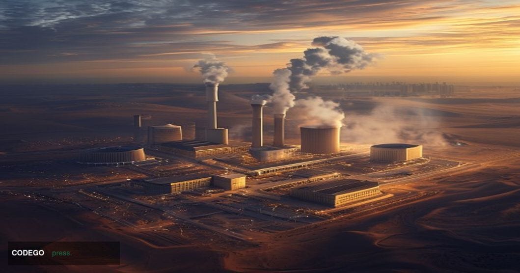 A dramatic photorealistic aerial view of the UAE's nuclear facility complex at dawn, with the distinctive modern architecture