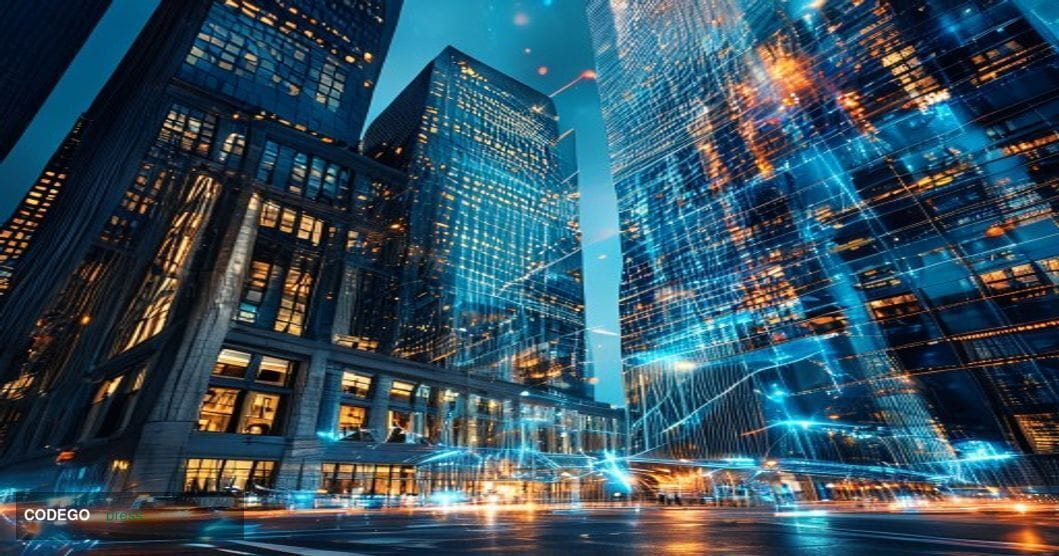 A dramatic photorealistic editorial photograph showcasing the intersection of traditional finance and blockchain technology. 