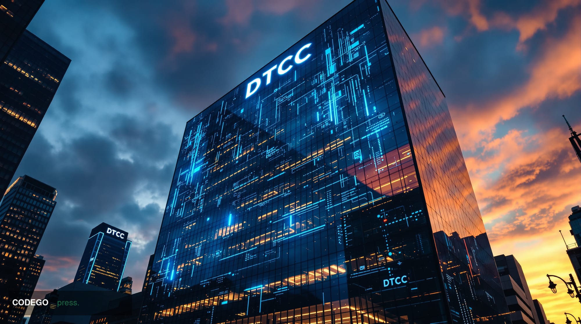 A cinematic editorial photograph capturing the intersection of traditional finance and blockchain technology. The scene shows
