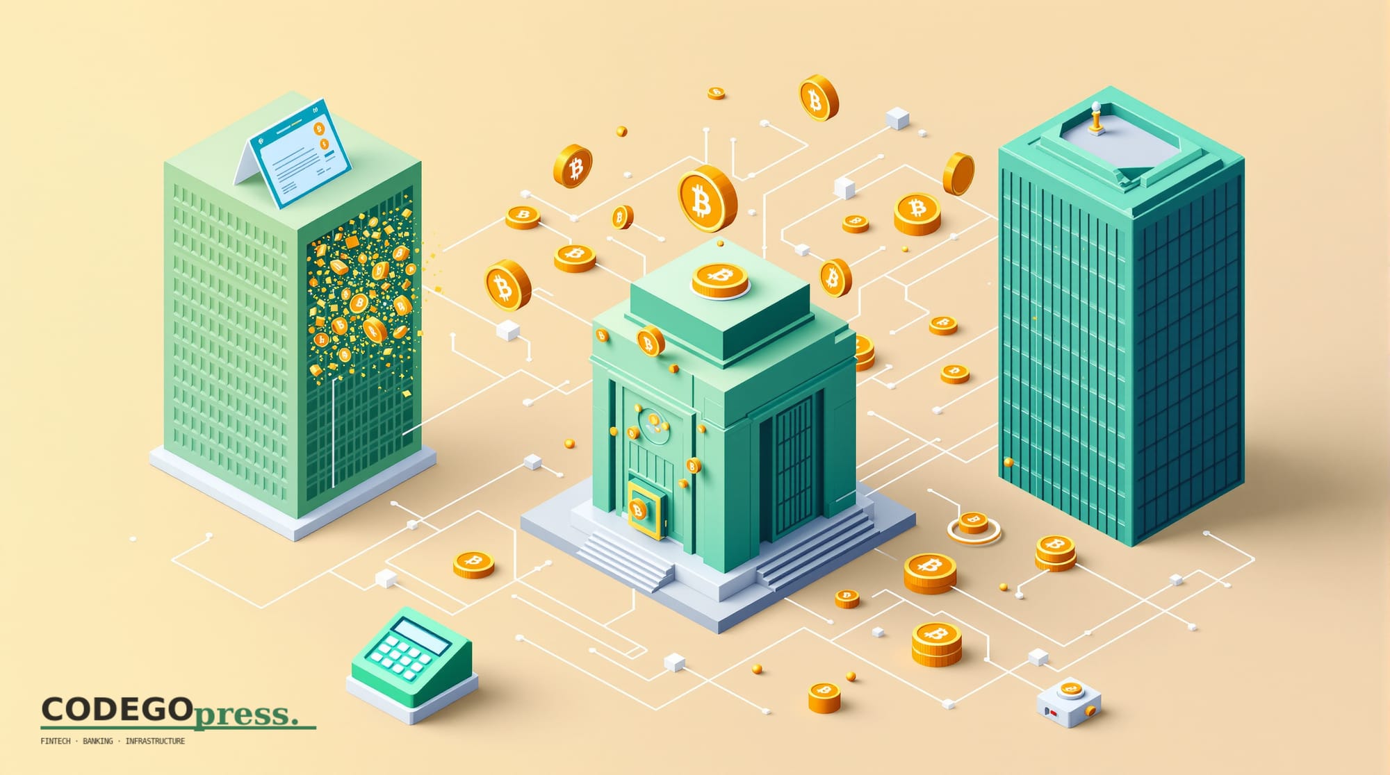 flat 3D isometric vector editorial illustration showing a banking-green central vault or depository building with digital tok