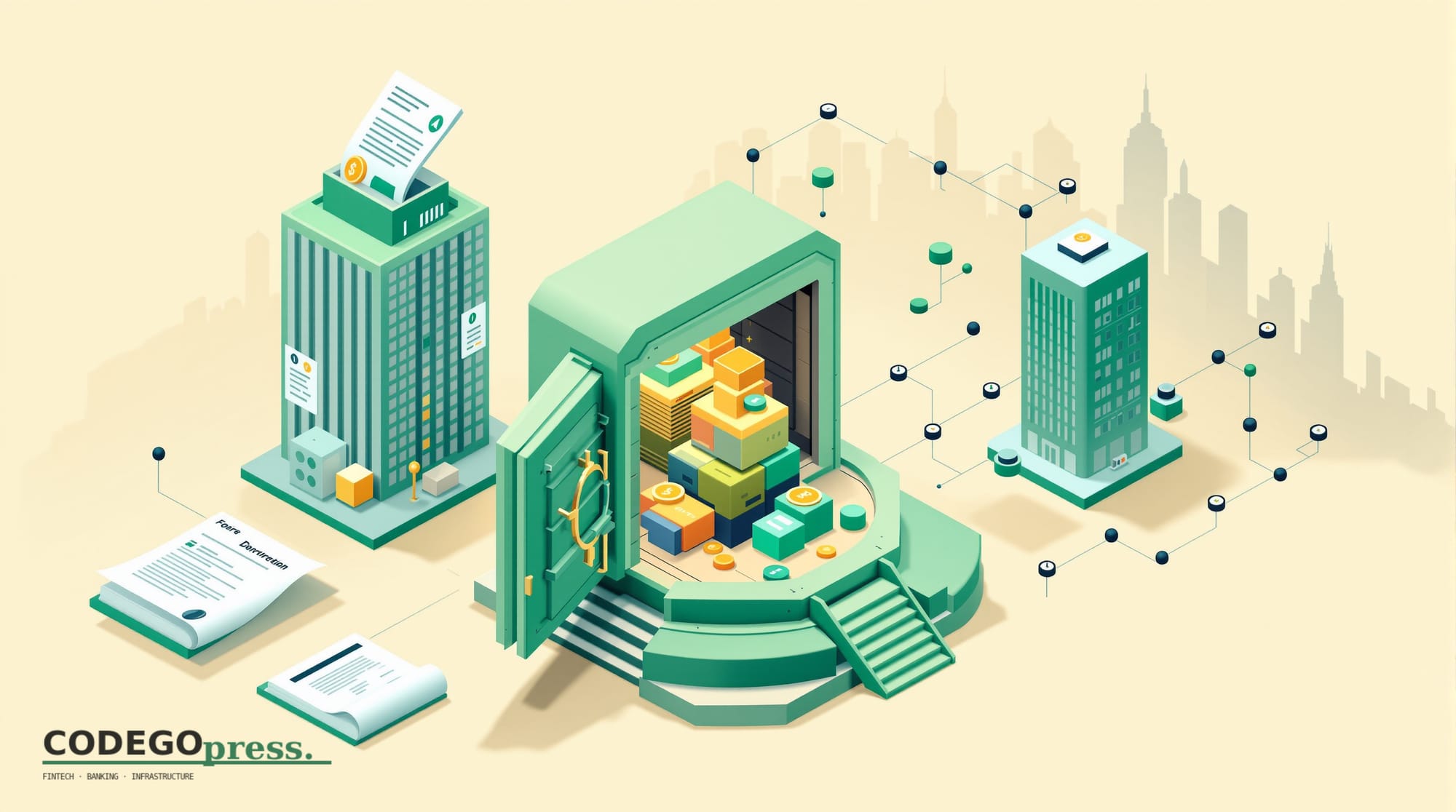 Flat 3D isometric vector editorial illustration in banking-green (#1A6B43) primary with cream background. Center: a modernist