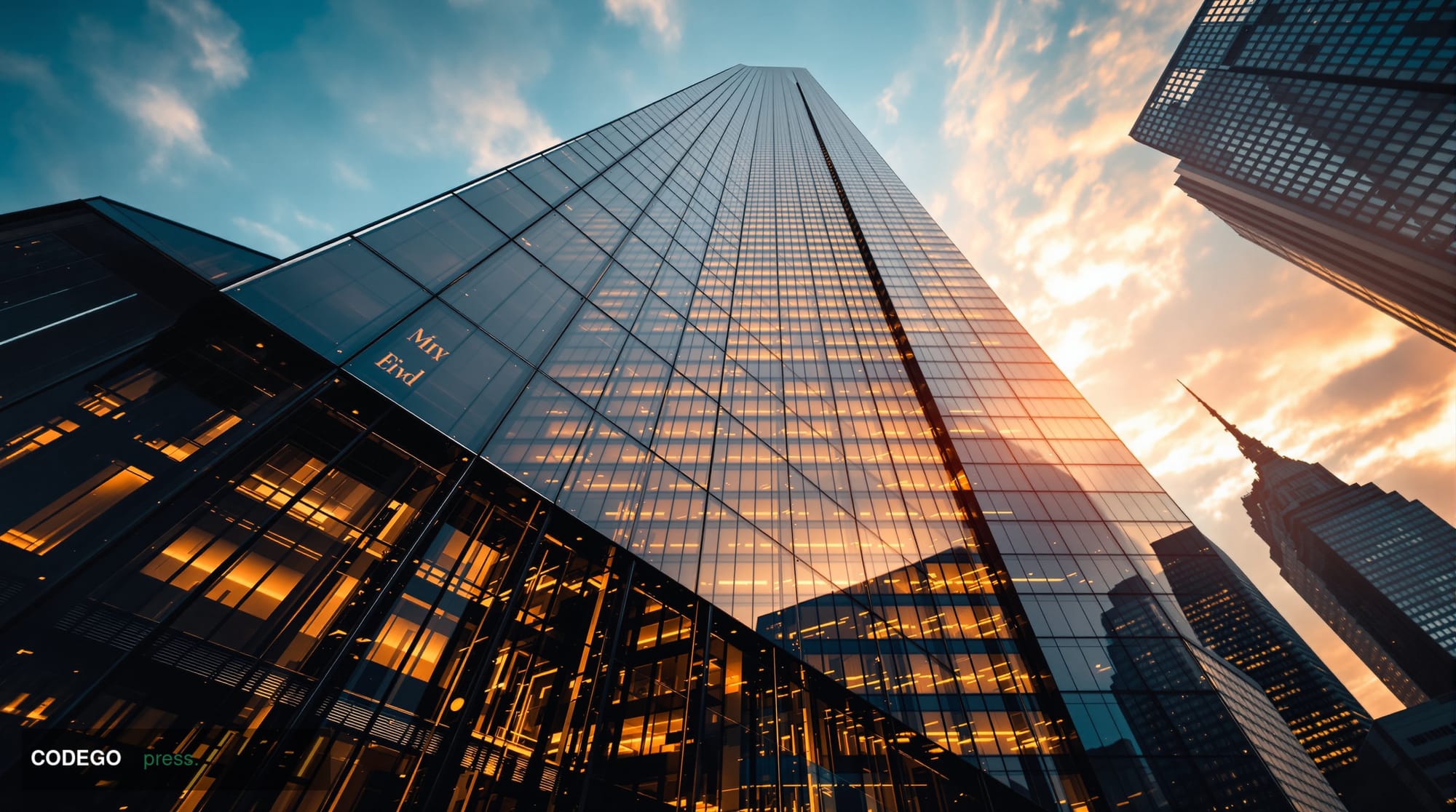A dramatic wide-angle photograph of the imposing <a href="https://www.dtcc.com" target="_blank" rel="noopener">DTCC</a> headq