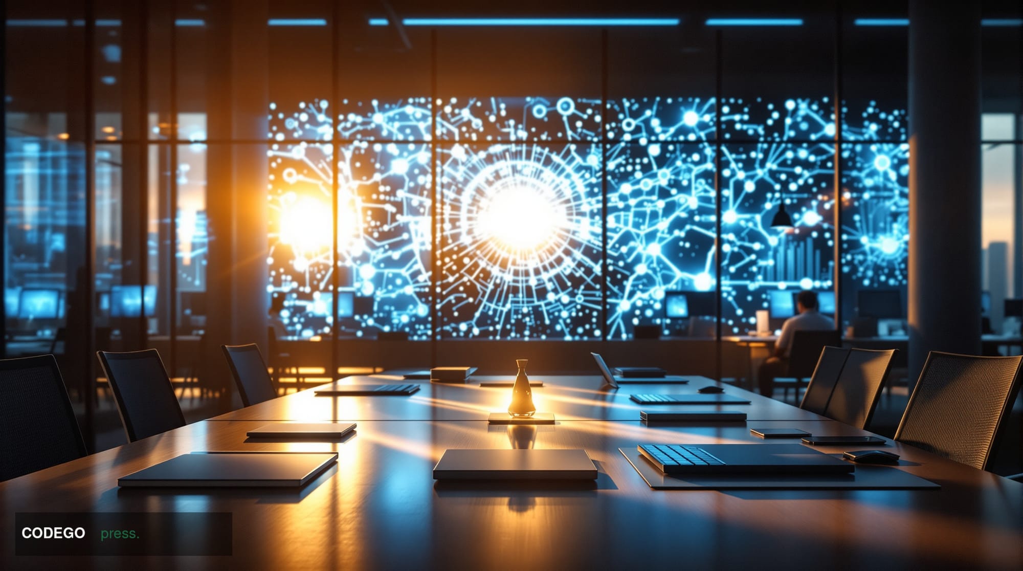 A photorealistic editorial photograph showing a modern tech office space in the late afternoon, with dramatic chiaroscuro lig