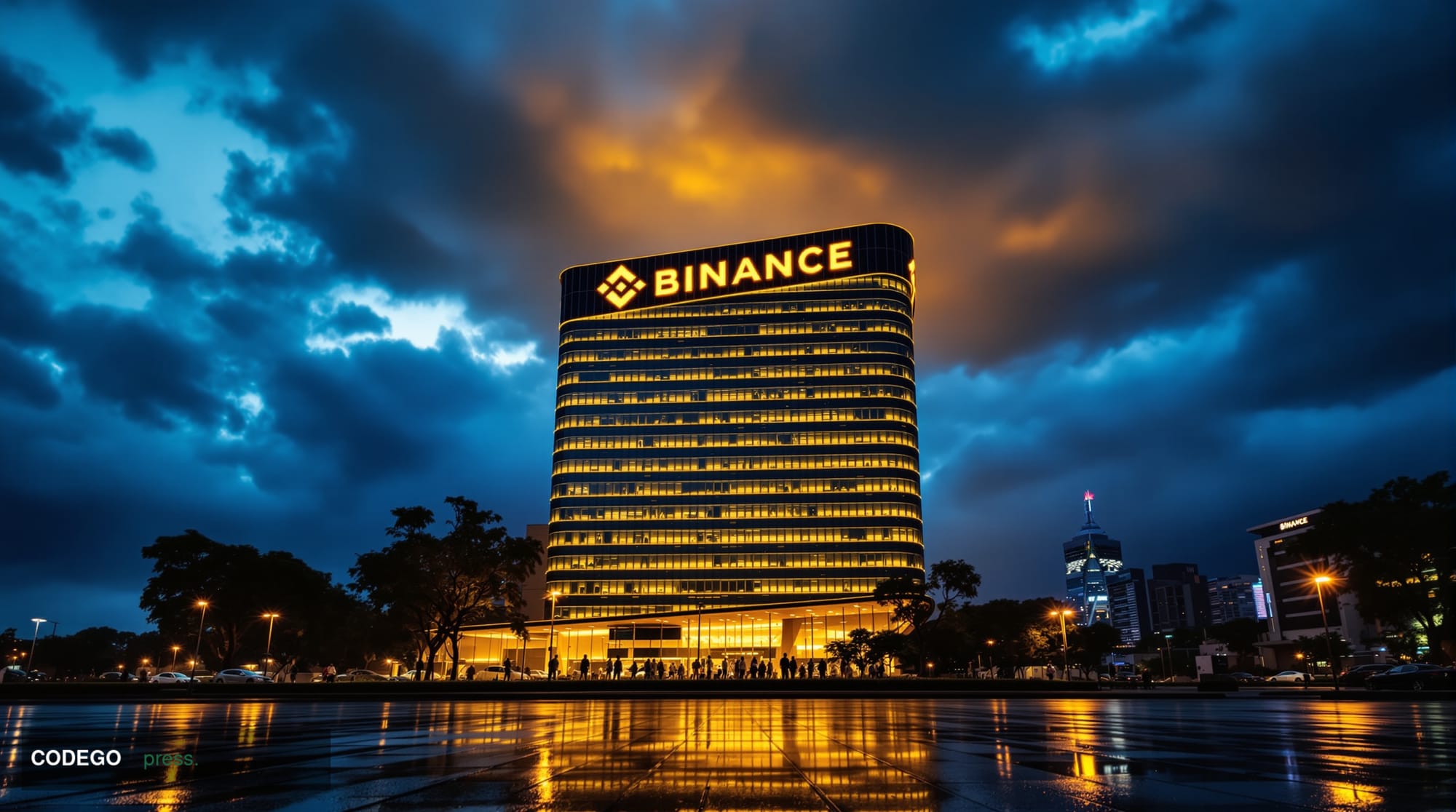 A dramatic photorealistic editorial photograph showing the Binance headquarters building in Singapore at dusk, with its disti