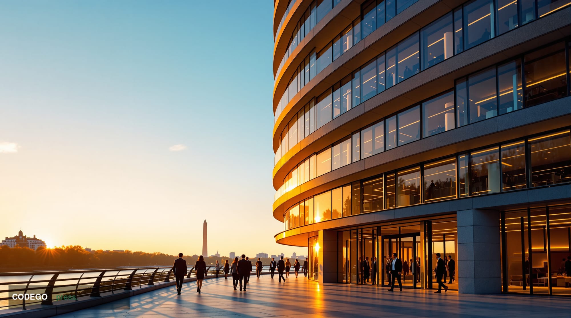 A cinematic editorial photograph capturing The Watergate Hotel's iconic curved modernist facade in Washington DC, shot during