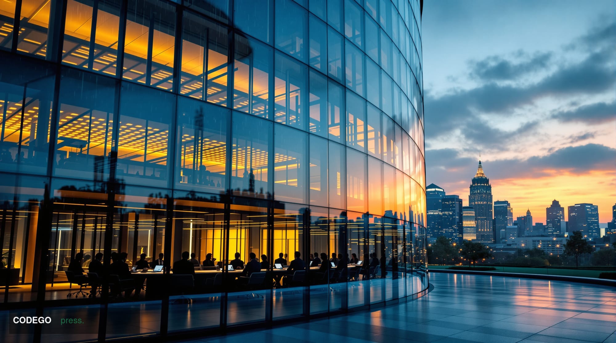 A dramatic photorealistic editorial photograph of the European Central Bank's imposing glass and steel headquarters in Frankf