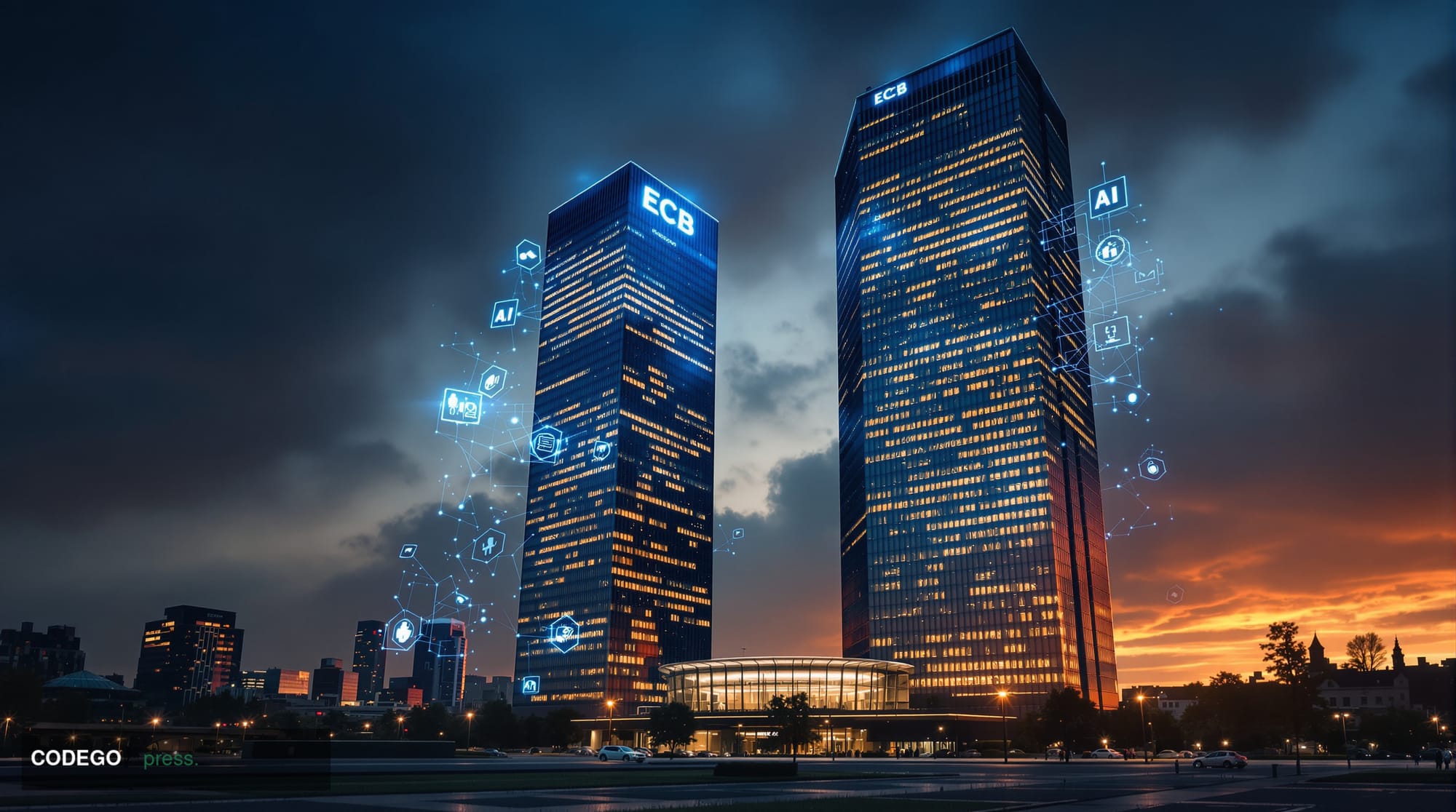 A dramatic photorealistic editorial photograph showcasing the European Central Bank's imposing modern headquarters in Frankfu