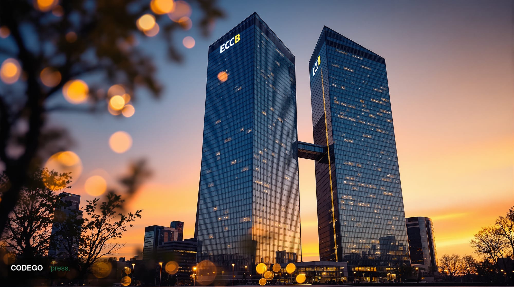A cinematic editorial photograph of the iconic European Central Bank headquarters in Frankfurt am Main, Germany, captured dur