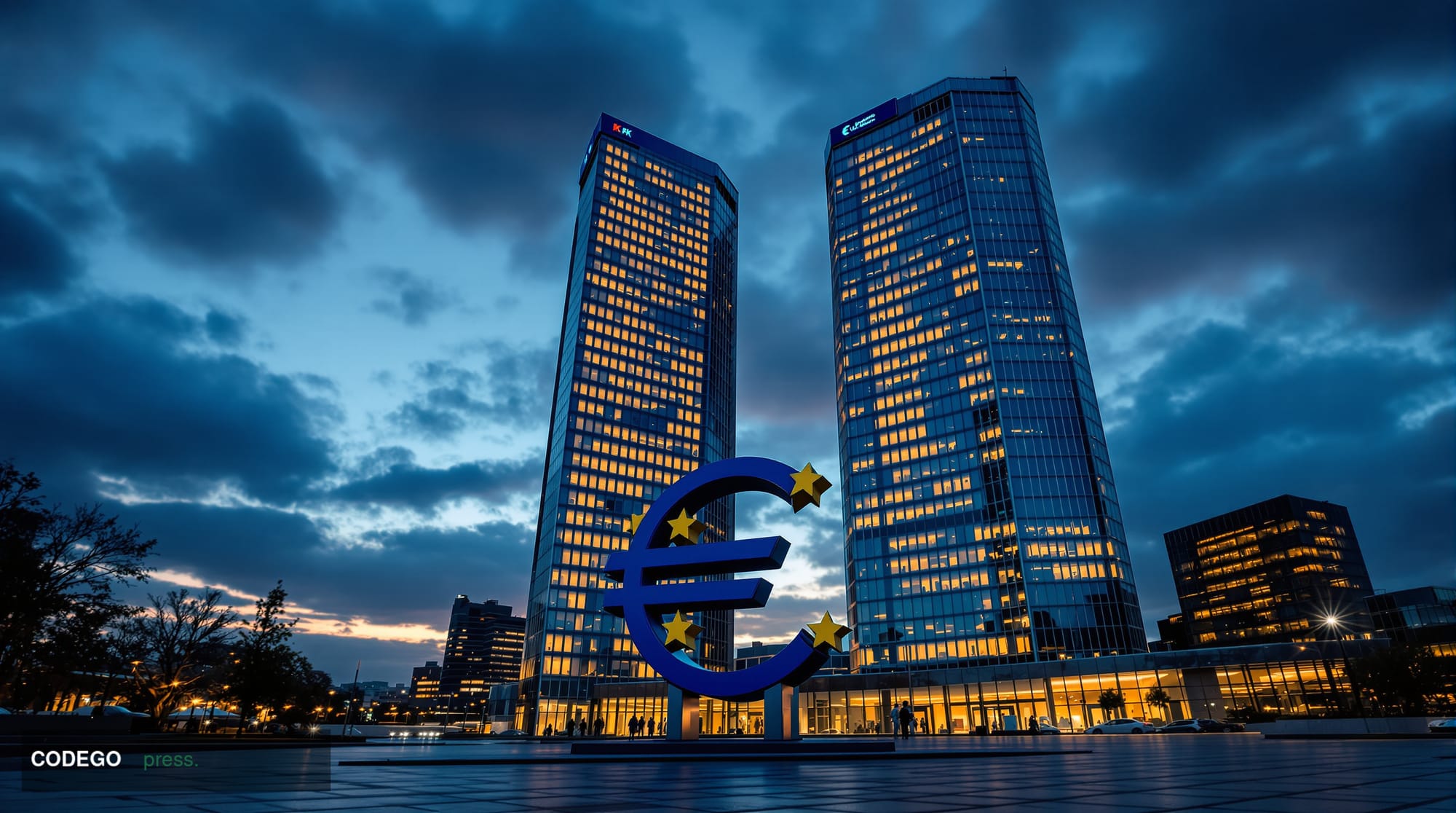 A cinematic editorial photograph of the <a href="https://www.ecb.europa.eu" target="_blank" rel="noopener">European Central B