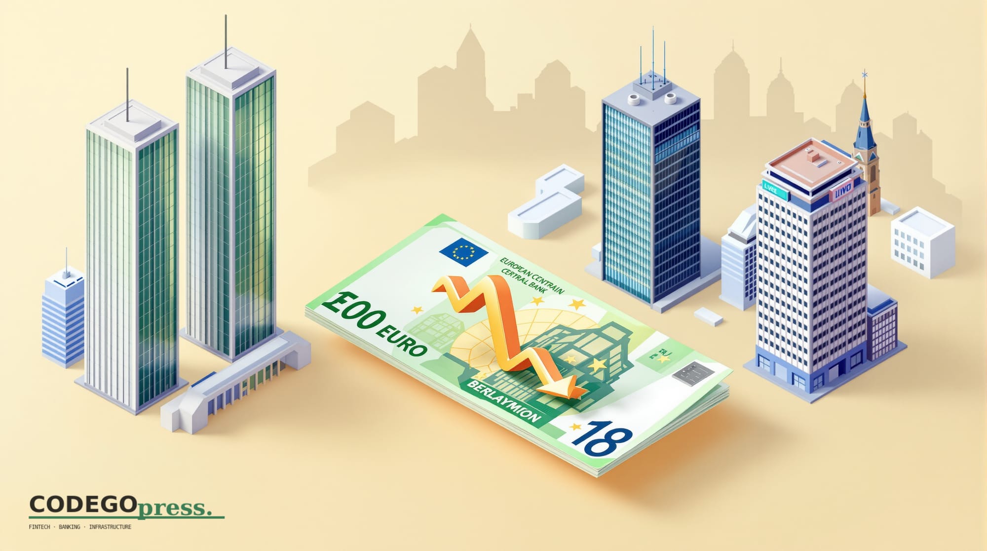 A banking-green euro banknote with downward-trending arrow in centre, ECB twin-glass-tower Frankfurt headquarters on the left