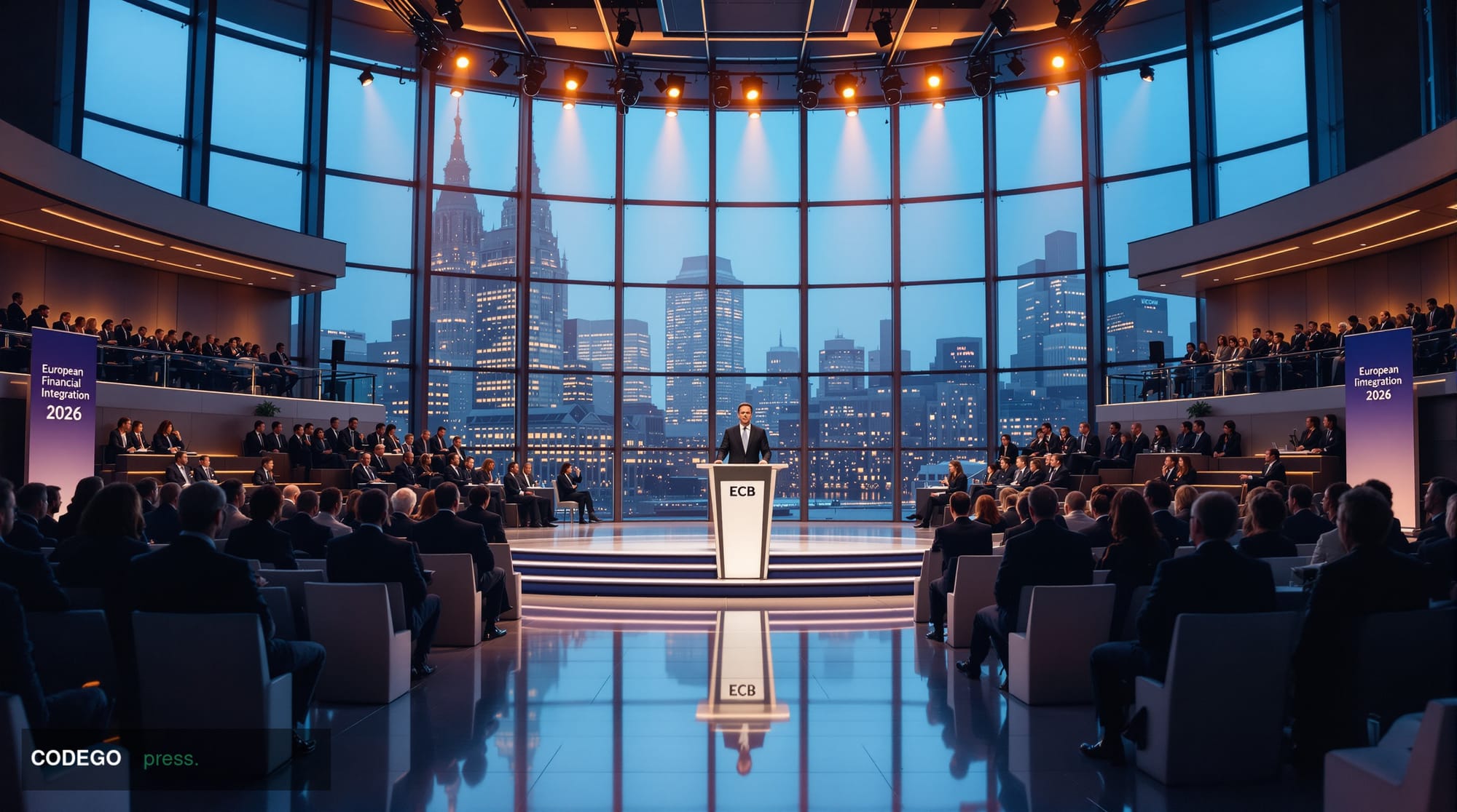 A photorealistic editorial photograph capturing the interior of the European Central Bank headquarters in Frankfurt am Main d