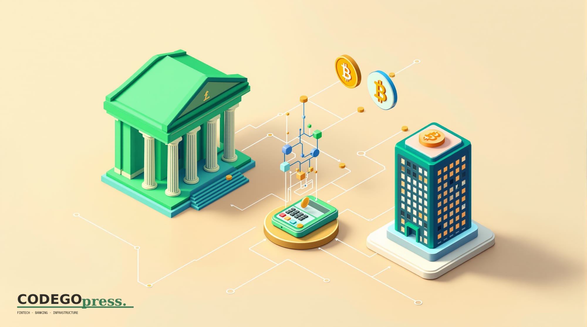flat 3D isometric vector editorial illustration, banking-green primary (#1A6B43), cream background, gold and navy accents, so