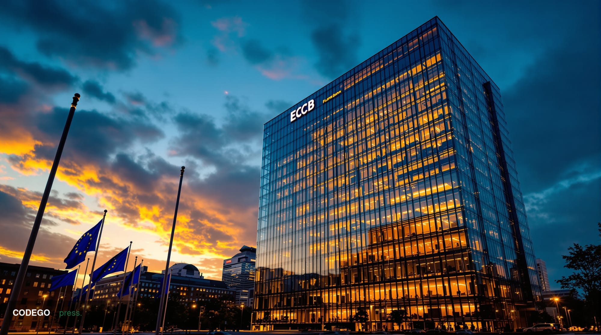 A cinematic editorial photograph of the European Central Bank's imposing glass and steel headquarters building in Frankfurt's