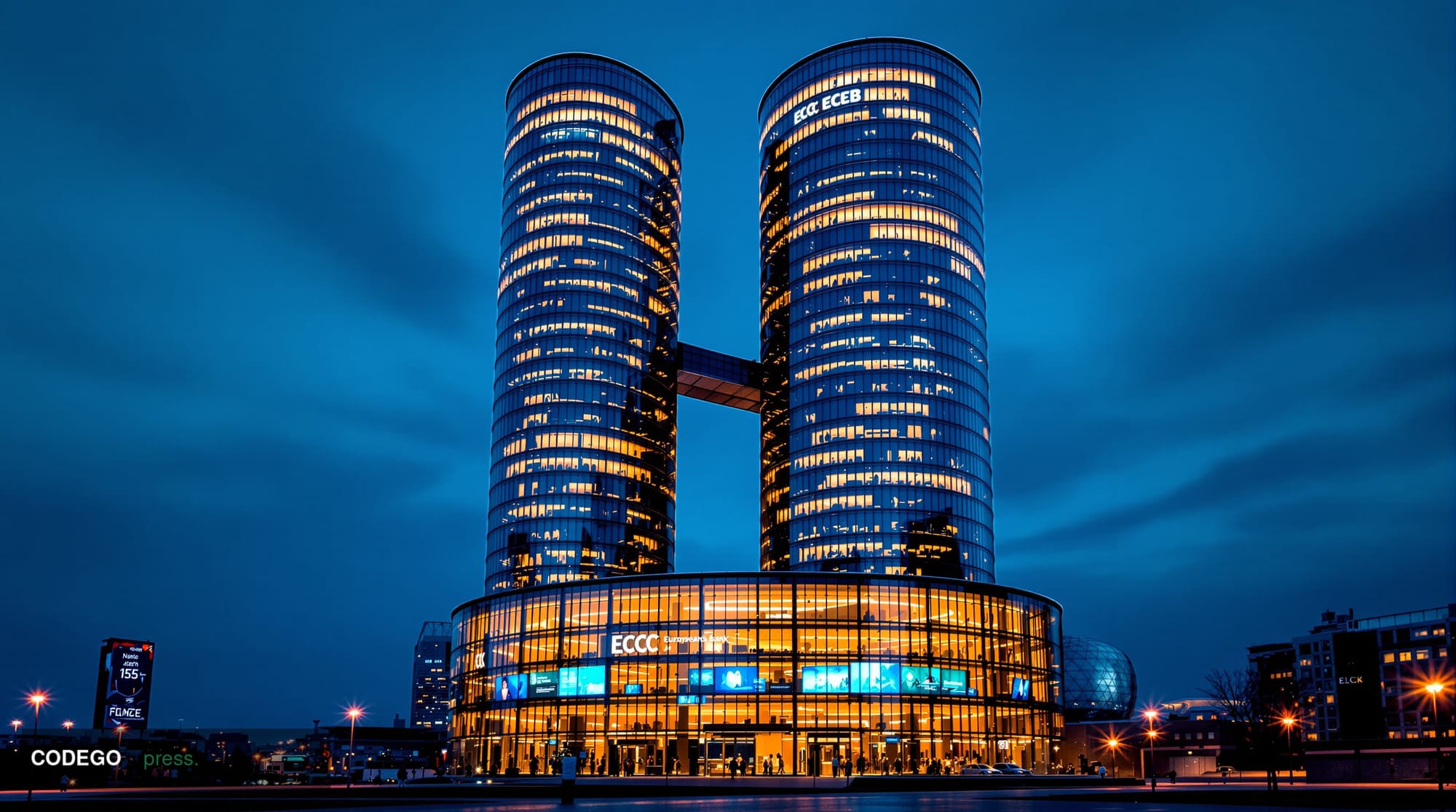 A dramatic photorealistic editorial photograph showing the European Central Bank's iconic twin-tower headquarters in Frankfur