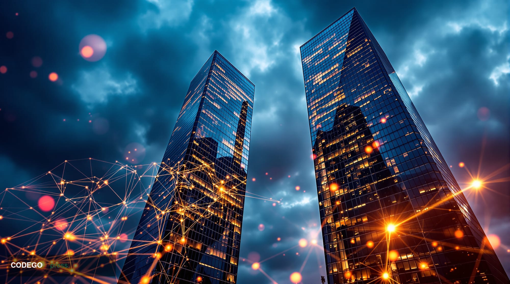 A dramatic photorealistic editorial photograph capturing the imposing glass and steel architecture of the European Central Ba