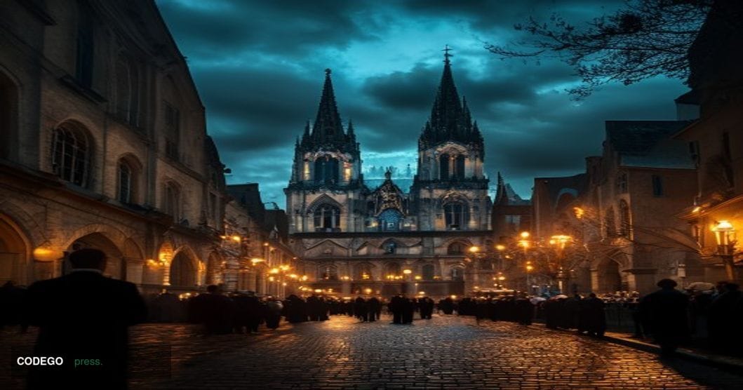 A cinematic editorial photograph capturing the historic Aachen Cathedral and surrounding medieval architecture bathed in dram