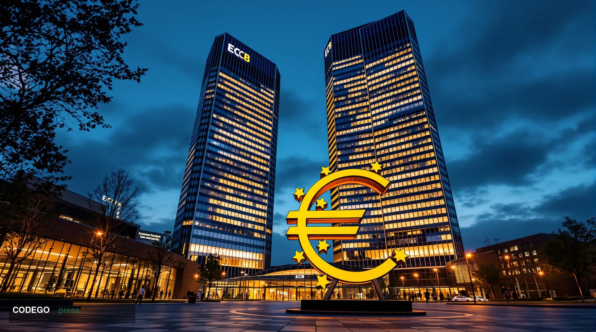 Photorealistic editorial photograph of the European Central Bank headquarters in Frankfurt, Germany, captured during the gold
