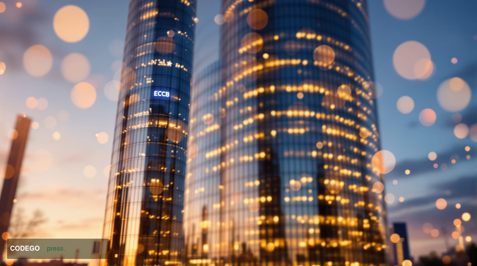 A photorealistic editorial photograph showing the imposing glass and steel facade of the European Central Bank headquarters i