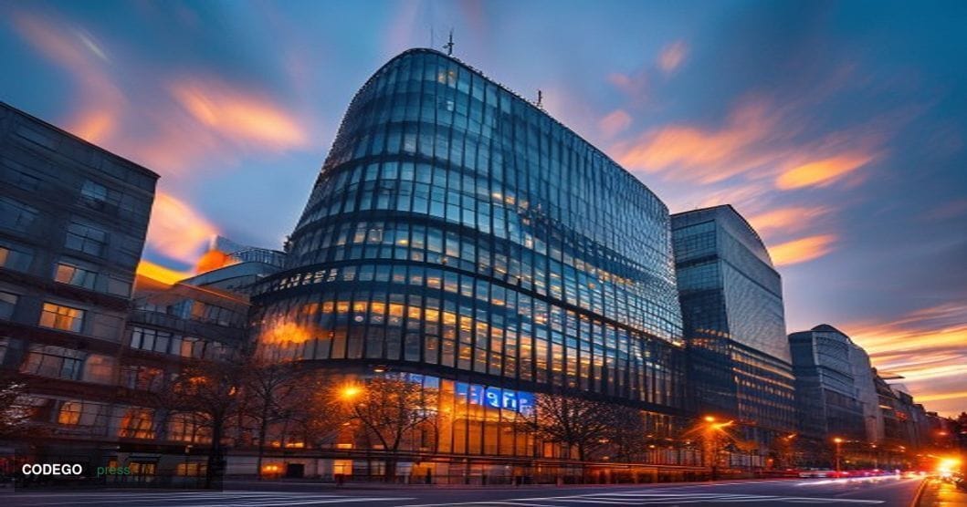 A cinematic editorial photograph of the European Central Bank headquarters in Frankfurt am Main, Germany, captured during the