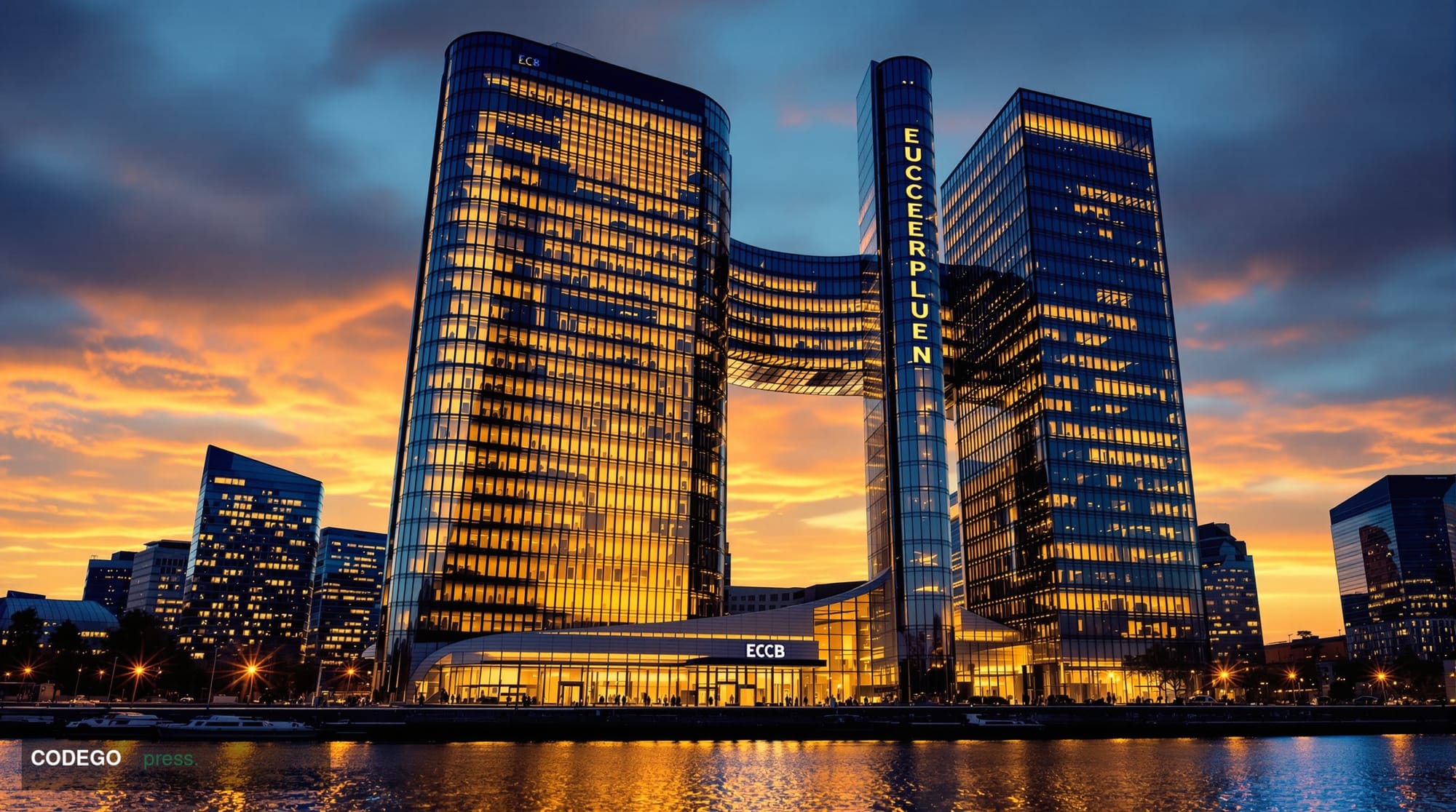 A photorealistic editorial photograph showing the imposing glass and steel facade of the European Central Bank headquarters i