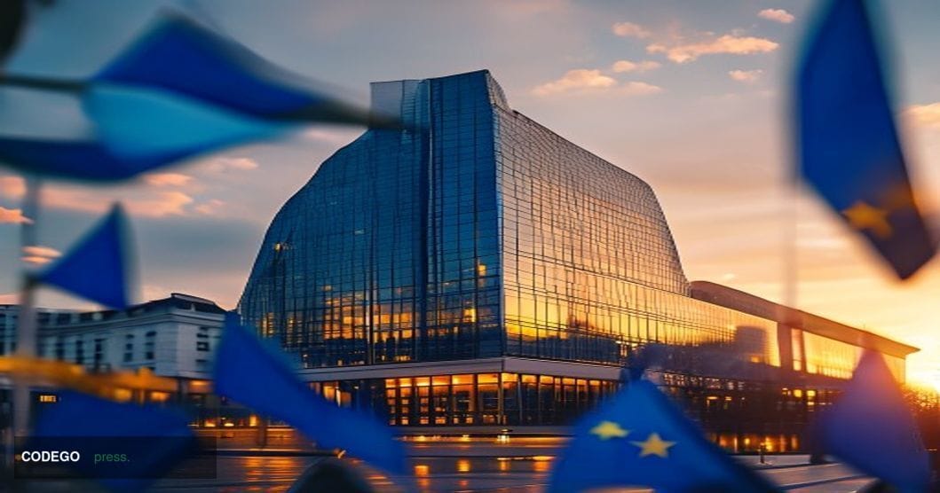 A cinematic editorial photograph of the European Central Bank headquarters in Frankfurt am Main, Germany, captured during the