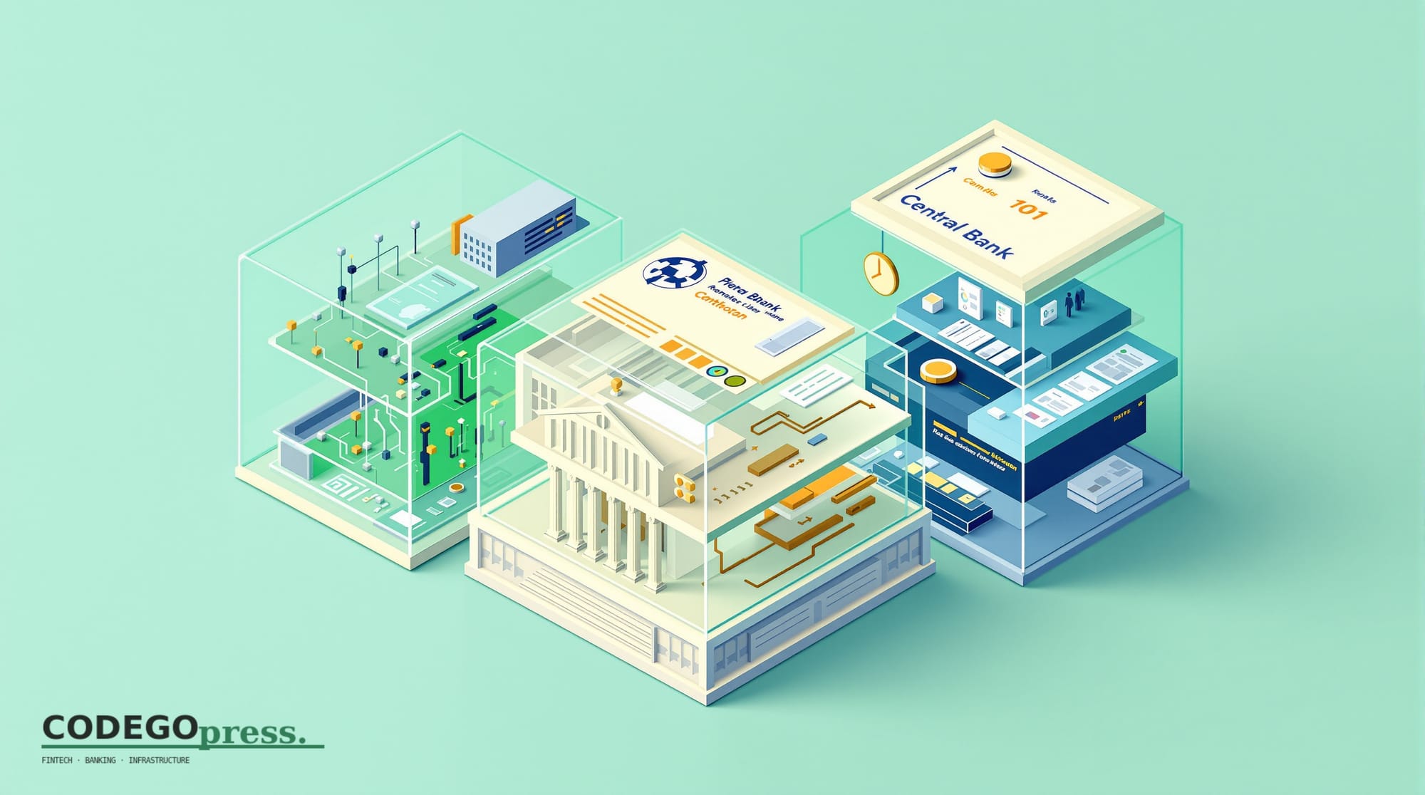 Flat 3D isometric vector editorial illustration. Main scene: a central bank building (geometric, simplified) with three disti