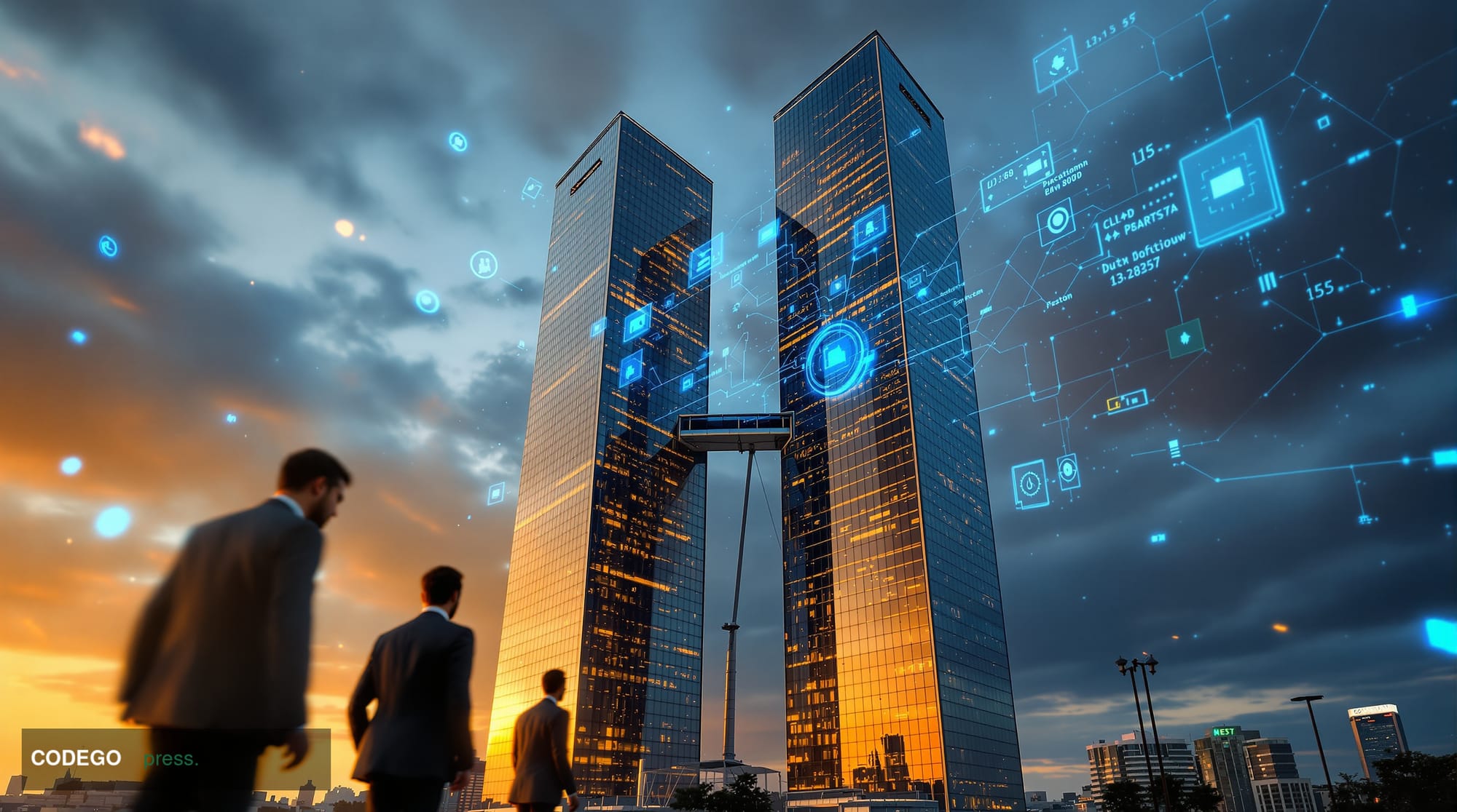 A photorealistic editorial photograph showing the imposing glass and steel headquarters of the European Central Bank in Frank
