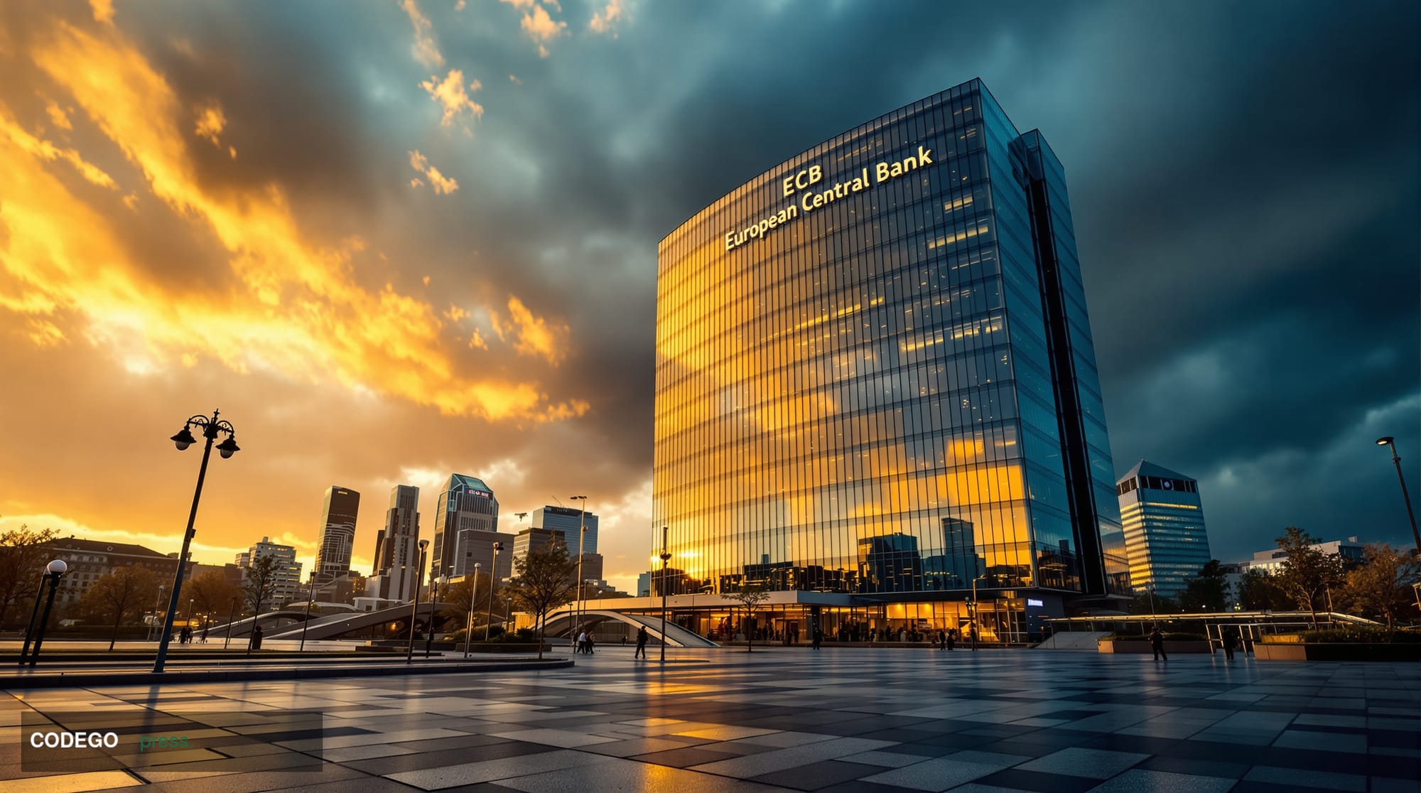 A cinematic editorial photograph of the <a href="https://ecb.europa.eu" target="_blank" rel="noopener">European Central Bank<