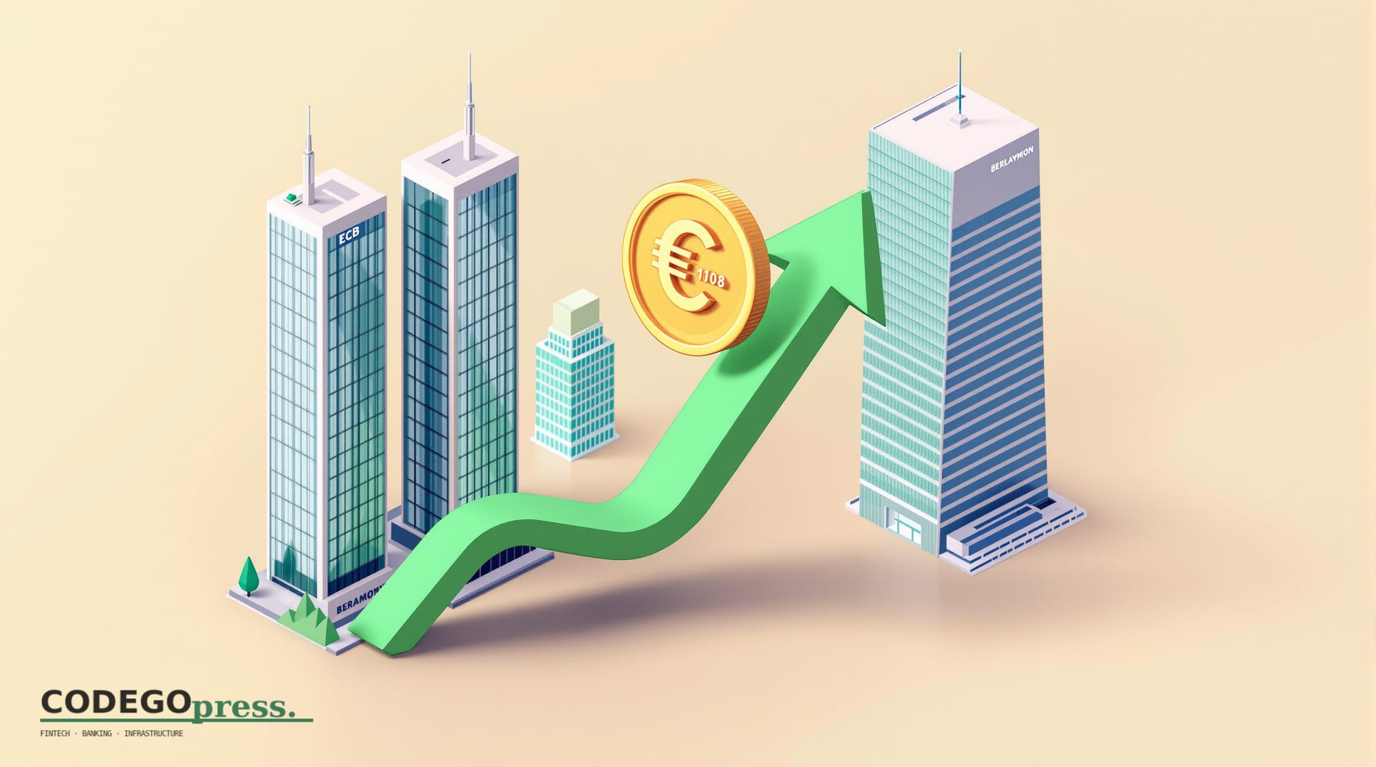 Golden euro coin ascending on a banking-green upward arrow in centre, ECB twin-glass-tower Frankfurt landmark on the left wit