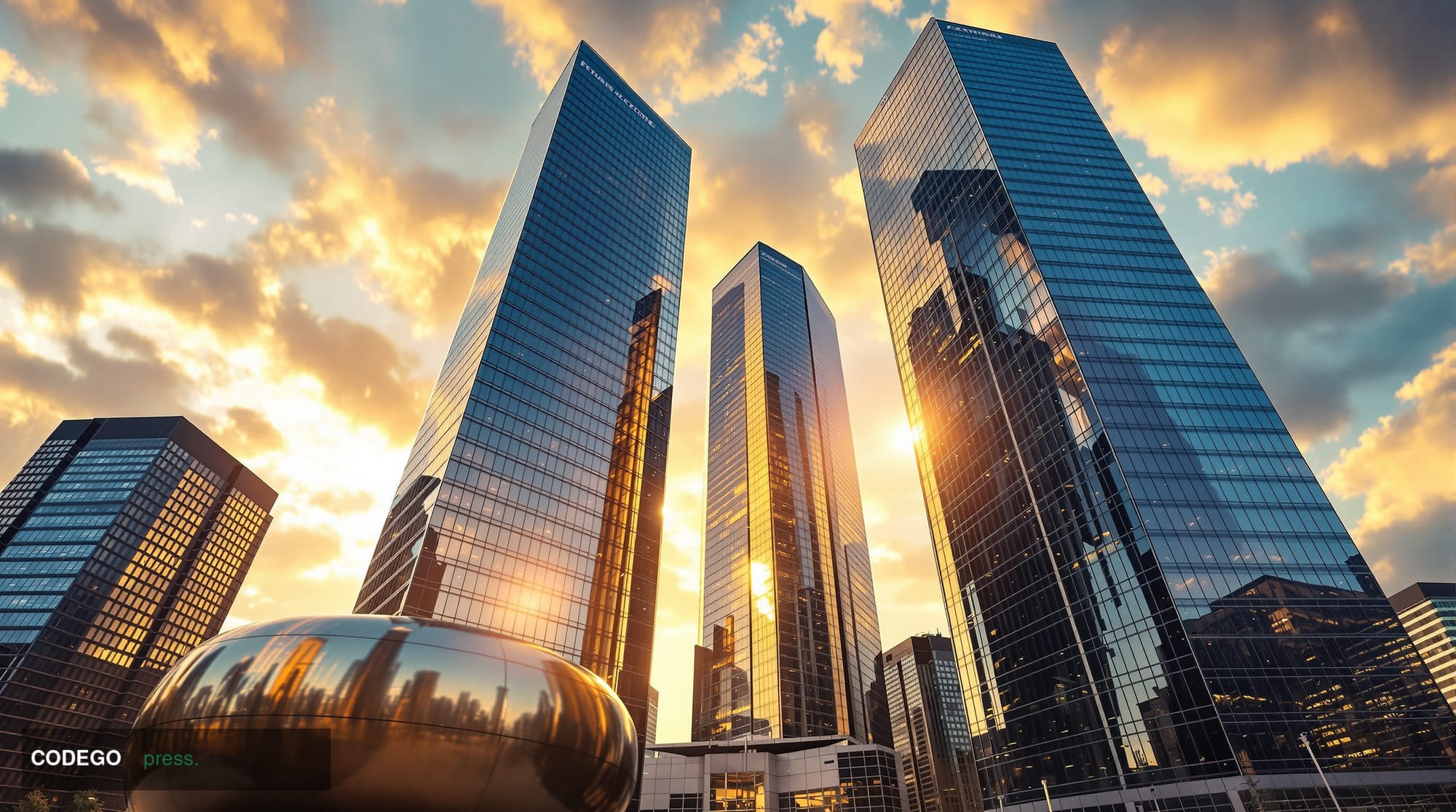 A photorealistic editorial photograph capturing the imposing glass and steel facade of the European Central Bank headquarters